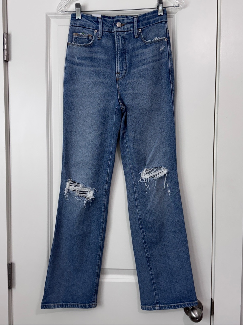 Good American 00 / 24 Good Curve Straight Super High Rise Jeans Distressed Knees